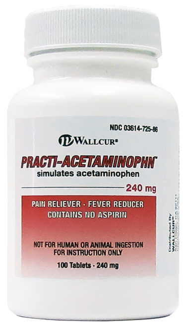 Practi-Acetaminophen 240 mg oral medication for clinical training. Simulates acetaminophen 240 mg tablets (Tylenol), used to treat minor aches and pain and reduce fever.