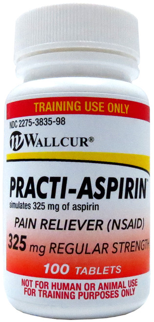 Practi-Aspirin 325 mg oral medication for clinical training. Simulates 325 mg of aspirin tablets, used to treat minor aches and pain and reduce fever and inflammation.