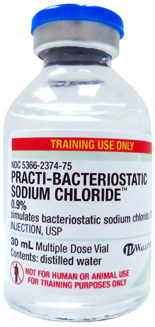 Practi-Bacteriostatic Sodium Chloride 0.9% for clinical training. Teach your students the sterile techniques of large vial handling, air replacement, dosage aspiration and needle withdrawal. A variety of simulated drug scenarios can be demonstrated with this task trainer. Practi-Bacteriostatic Sodium Chloride 0.9% for clinical training. Teach your students the sterile techniques of large vial handling, air replacement, dosage aspiration and needle withdrawal. A variety of simulated drug scenarios can be demonstrated with this task trainer.