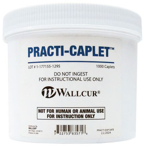 Practi-Caplet oral medication, for clinical training, in bulk jars teach pharmacy students proper medication dispensing.