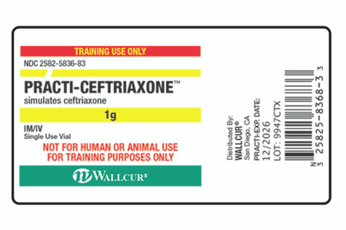 Practi-Ceftriaxone 1 g Peel-N-Stick Labels for clinical training. Easy to use peel and stick labels simulate the commonly seen antibiotic Rocephin (ceftriaxone). Peel and stick to Wallcur's Practi-Powder Vials for ready to use reconstitution practice using Practi-10 mL Vial for diluent.