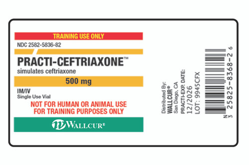 Practi-Ceftriaxone 500 mg Peel-N-Stick Labels for clinical training. Easy to use peel and stick labels simulate the commonly ordered antibiotic, Rocephin (ceftriaxone). Peel and stick to Wallcur's Practi-Powder Vials for ready to use reconstitution practice using Practi-10 mL Vial for diluent.