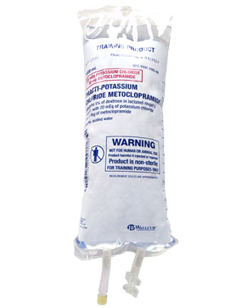 Practi-Dextrose Potassium Chloride Metoclopramide 1000 mL I.V. Solution Bag, for clinical training, simulates dextrose 5% in Lactated Ringer's with 20 mEq potassium chloride and 30 mg metoclopramide.