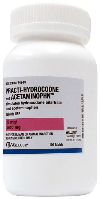 Practi-Hydrocodone and Acetaminophen 5 mg/500 mg oral medication for clinical training. Simulates hydrocodone bitartrate 5 mg/acetaminophen 500 mg tablets (Vicodin), a narcotic used to treat moderate to severe pain.