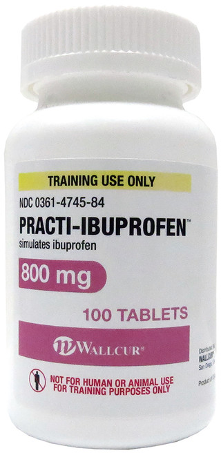 Practi-Ibuprofen 800 mg oral medication for clinical training. Simulates 800 mg of Ibuprofen (Advil, Motrin IB) tablets , a nonsteroidal anti-inflammatory drug (NSAID) that works by reducing hormones that cause inflammation and pain in the body.