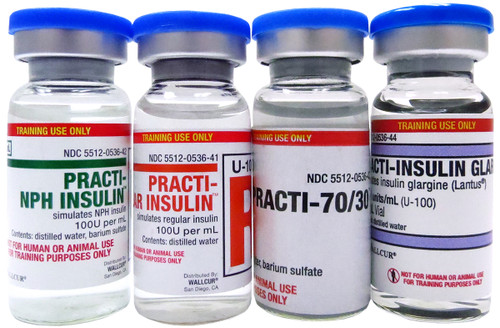 Wallcur's Practi-Insulin Variety Pack, for clinical training, simulates four of the most commonly ordered insulin medications. Teach insulin injection techniques, mixing and combining of short and long acting insulin, and dosage calculation skills with this comprehensive teaching aid.