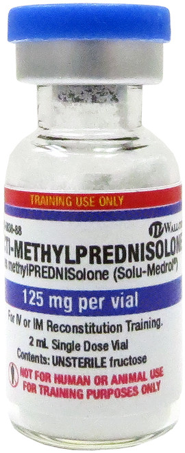 Practi-Methylprednisolone, for clinical training, from Wallcur is a 2 mL vial that contains an unsterile white powder that will dissolve in water. Practi-Methylprednisolone simulates 125 mg/mL of methylprednisolone (Solu-Medrol), a corticosteroid medication used to suppress the immune system and decrease inflammation.