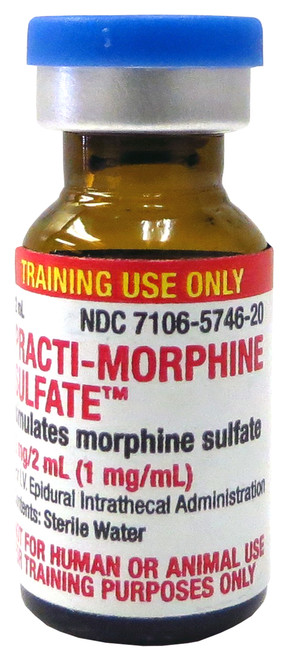 Practi-Morphine Sulfate 1 mg/mL for clinical training simulates 2 mg/2 mL of morphine sulfate. Provide your students with the most realistic and authentic practice necessary to master the skill of morphine sulfate drug calculation and administration. In addition to being one of the most difficult-to-handle vial sizes, your students are now able to practice a variety of emergency and clinical scenarios related to the use of morphine as a potent analgesic to relieve severe or acute pain. Manikin safe!