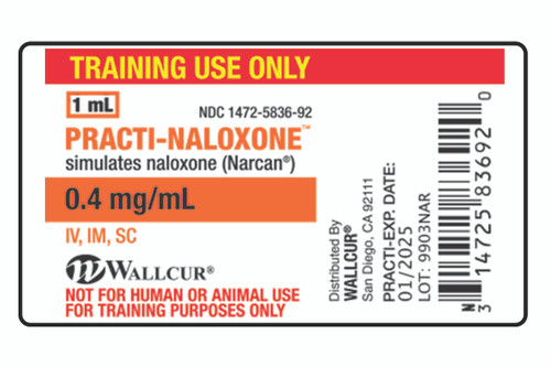 The Wallcur Practi-Naloxone Peel-N-Stick Label for clinical training, accurately simulates 0.4 mg/1 mL of Naloxone (Narcan). Each Practi-Naloxone label peels and adheres to our 1 mL Practi-Mini-Ampules, instantly changing the drug and dosage.