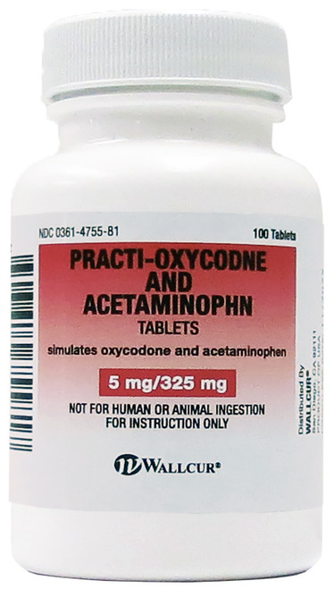 Practi-Oxycodone Acetaminophen 5 mg/325 mg oral medication for clinical training. Simulates Oxycodone 5 mg/Acetaminophen 325 mg tablets (Percocet / Tylenol), a narcotic used to treat moderate to severe pain.