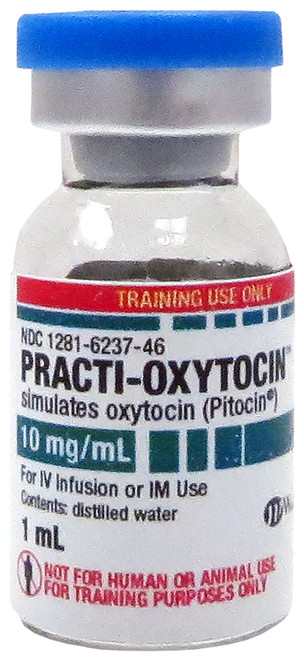 Practi-Oxytocin (1 mL) for clinical training. Practi-Oxytocin 10 mg/mL in a 1 mL distilled water vial simulates the drug oxytocin (Pitocin) used to bring on or strengthen labor contractions during childbirth. Also used to control bleeding after childbirth. Manikin safe!