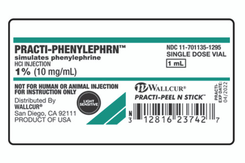 The Wallcur Practi-Phenylephrine Peel-N-Stick Labels, for clinical training, are designed to simulate 10 mg/1 mL of the real drug, phenylephrine.