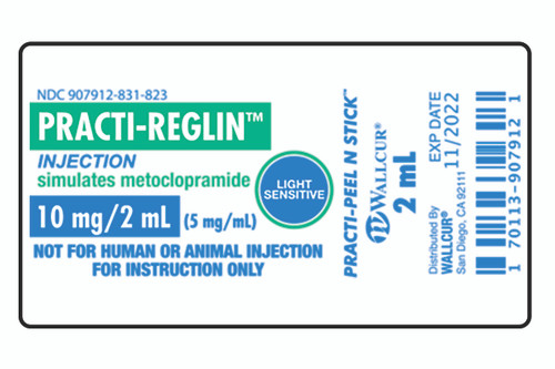 Practi-Reglin Peel-N-Stick Labels for clinical training. Each label simulates 10 mg/2 mL of the real drug Reglan, a widely ordered antiemetic and gastroprokinetic agent. Quickly apply Practi-Reglin to Wallcur's Practi-2 mL Mini Tint Vial to replicate the light sensitive qualities of the real drug. Students will practice reading small labels, calculating small IV dosages, and opening tiny vials. This is a perfect compliment to those learning labs that require a level of math skill competency with performance testing.