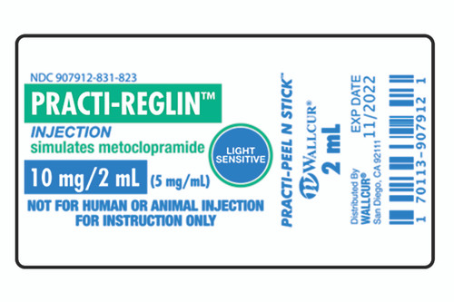 Practi-Reglin Peel-N-Stick Labels for clinical training. Each label simulates 10 mg/2 mL of the real drug Reglan, a widely ordered antiemetic and gastroprokinetic agent. Quickly apply Practi-Reglin to Wallcur's Practi-2 mL Mini Tint Vial to replicate the light sensitive qualities of the real drug. Students will practice reading small labels, calculating small IV dosages, and opening tiny vials. This is a perfect compliment to those learning labs that require a level of math skill competency with performance testing.