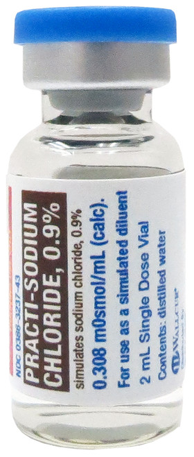 Our Practi-Sodium Chloride 0.9% 2 mL for clinical training simulates a diluent that can be used with Practi-Powder for reconstitution training.

Practi-Sodium Chloride 0.9% is filled with 2 mL of distilled water for manikin safety. Practi-Sodium Chloride 0.9% is a simulated version of the vials often used in nursing, EMS and pharm tech programs.