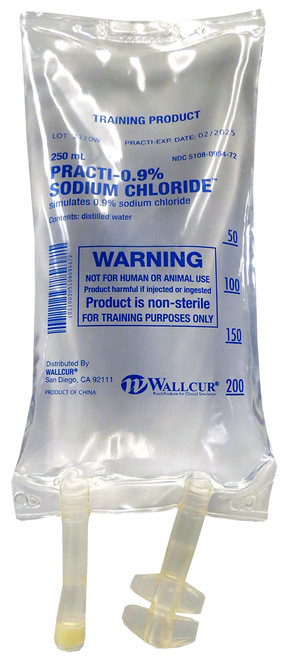 Our Practi-Sodium Chloride 250 mL I.V. Solution Bag, for clinical training, contains distilled water. A perfect IV administration simulation for your nursing, pharmacy, EMT or other allied health skills laboratories. NO PRESCRIPTION NEEDED.