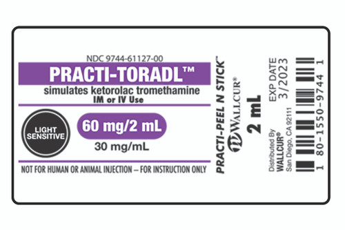 Practi-Toradl Peel-N-Stick Labels for clinical training. Each label simulates 60 mg/2 mL of the drug, Toradol (ketorolac tromethamine) and can be quickly and easily applied to the Wallcur Practi-2 mL Mini Tint Vial. Students will practice reading small labels, calculating small IV dosages, and opening tiny vials. This is a perfect compliment to those learning labs that require a level of math skill competency with performance testing.