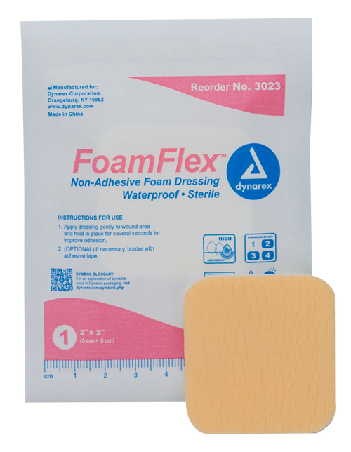 Non-Adhesive Waterproof foam dressings provide a comfortable, warm, moist wound environment and is made with a semi-permeable film to help prevent external bacterial contamination. The foam is flexible and conforms to hard to dress areas.



Dynarex’s FoamFlex Non-Adhesive Waterproof Foam Dressing maintains a sterile, comfortable, warm, moist wound environment to help protect against contamination, reduce pain and promote faster healing. The dressing is designed with a semi-permeable film to let oxygen through while preventing bacterial contamination.