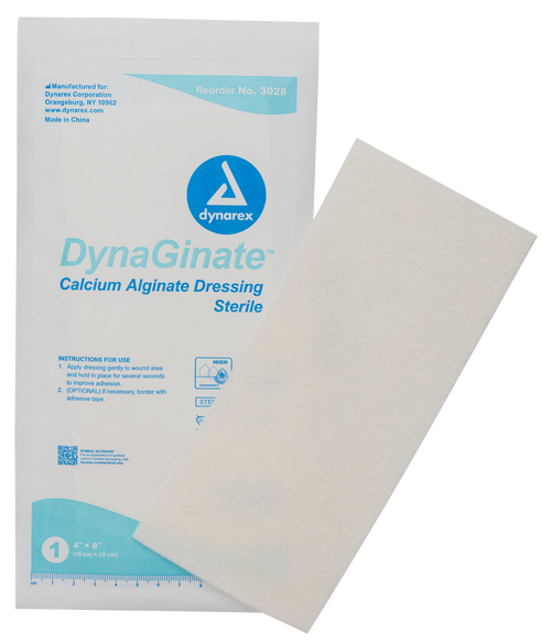 Calcium Alginate Dressings contours to wound bed and changes to a fibrous gel when in contact with wound exudate, creating an optimal moist wound environment important to healing.    Dynarex’s DynaGinate Calcium Alginate Dressings change to a fibrous gel when in contact with wound exudate to create an optimal moist wound environment important for optimal healing. Calcium alginate encourages natural debridement. As the dressing transforms into a soft gel sheet it contours closely to the wound bed and does not adhere to the wound.