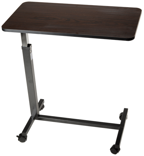 The Dynarex Economy Low Overbed Table is constructed with an attractive, wood-grain laminate top, with a molded edge. It features an epoxy powder-coated, durable steel welded H-Base with four 2-inch locking casters to provide added maneuverability and stability. This overbed table rises and lowers easily, requiring the slightest of upward pressure, making it user friendly for all ages and needs. With an infinite number of settings and an easy spring-loaded lift mechanism, the table top height can be adjusted between 19” and 28”, locking firmly and safely into place once the desired height is reach.