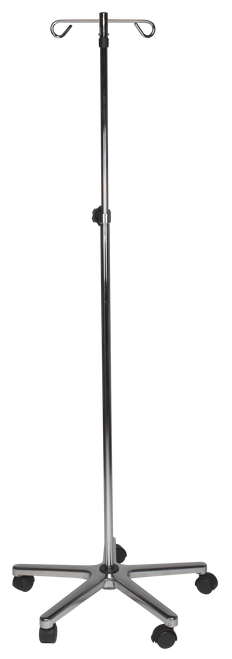 The Dynarex IV Poles are made of a chrome plated steel pole with a removeable two-hook hanger. The construction is inclusive of a weighted base, providing strength and durability, while reducing the risk of tipping. A locking collar allows for simple slip-free height adjustments to the pole.