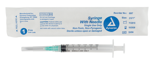 The Dynarex Syringes with Needle are designed for comfortable injections. The thin wall needles have a double bevel, allowing for ease of penetration and a greater volume of fluid to pass. All needles are color coded to represent the gauge of the needle and attach to the syringe by either luer lock or luer slip connection.