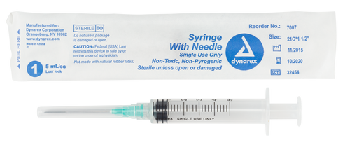 The Dynarex Syringes with Needle are designed for comfortable injections. The thin wall needles have a double bevel, allowing for ease of penetration and a greater volume of fluid to pass. All needles are color coded to represent the gauge of the needle and attach to the syringe by either luer lock or luer slip connection.