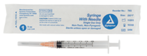 The Dynarex Syringes with Needle are designed for comfortable injections. The thin wall needles have a double bevel, allowing for ease of penetration and a greater volume of fluid to pass. All needles are color coded to represent the gauge of the needle and attach to the syringe by either luer lock or luer slip connection.