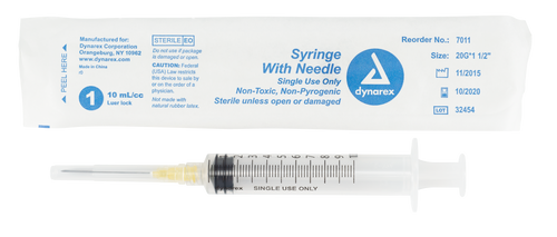 The Dynarex Syringes with Needle are designed for comfortable injections. The thin wall needles have a double bevel, allowing for ease of penetration and a greater volume of fluid to pass. All needles are color coded to represent the gauge of the needle and attach to the syringe by either luer lock or luer slip connection.