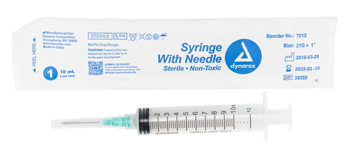 The Dynarex Syringes with Needle are designed for comfortable injections. The thin wall needles have a double bevel, allowing for ease of penetration and a greater volume of fluid to pass. All needles are color coded to represent the gauge of the needle and attach to the syringe by either luer lock or luer slip connection.
