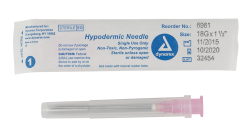 The Dynarex Hypodermic Needles provide a sterile, effective way to deliver comfortable injections. All needles have a color-coded hub to represent the gauge of the needle and attach to the syringe by either a luer lock or luer slip connection. The thin wall needles have a double bevel, allowing for ease of penetration while helping larger doses flow smoothl