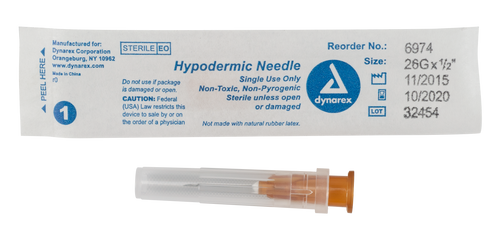 The Dynarex Hypodermic Needles provide a sterile, effective way to deliver comfortable injections. All needles have a color-coded hub to represent the gauge of the needle and attach to the syringe by either a luer lock or luer slip connection. The thin wall needles have a double bevel, allowing for ease of penetration while helping larger doses flow smoothly.