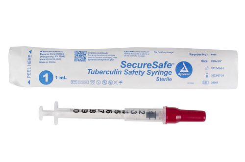 The Dynarex SecureSafe Tuberculin Safety Syringe provide a sterile, effective way to deliver small doses of medication accurately. Each needle is permanently attached and has a double bevel, allowing for ease of penetration while reducing the required plunger force, helping larger doses flow smoothly. The SecureSafe safety engineered mechanism features a cylinder safety cover to conceal the needle, that is activated with a quick pull and twist movement.