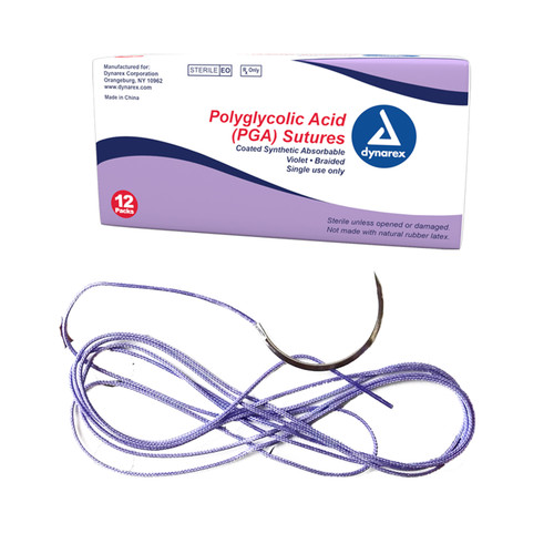 Dynarex Braided (PGA) Sutures are made of polyglycolic acid polymers with coating to allow for an easy passage through tissue. Braided PGA Sutures feature a high tensile strength during the healing period, making them ideal for soft tissue, plastic surgery, cosmetic, dermatological and oral procedures. PGA Sutures are available in violet color for maximum visibility and packaged in sterile pouches