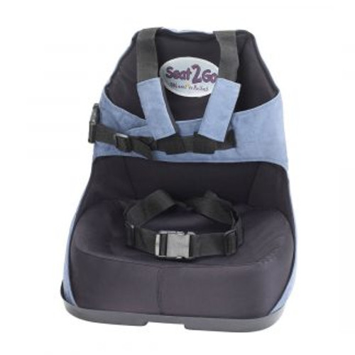 The Seat2Go is designed to be a lightweight, portable seat to provide postural support for children. Straps on the back and seat allow for the Seat2Go to be safely secure to any chair or in a stroller.