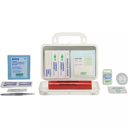 CSA Kits are for use in Manitoba/New Brunswick/Newfoundland & Labrador/Northwest Territories & Nunavut/Ontario/Prince Edward Island/Quebec/Saskatchewan/Nova Scotia
The CSA Standard provides general requirements for workplace first aid kits, specifies a classification system for the kits and sets minimum requirements for the contents based on the classification
It also provides requirements for the selection of kits based on various workplace environments, the containers and the markings of the containers and ongoing kit maintenance
Unit boxes provide quick identification of first aid kit contents and maintain a neater, more attractive looking kit
Includes: (2) Bacitracin Zinc, (6) Benzalkonium Chloride, (2) Compress Bandage 10.2 x 10.2 cm (4" x 4"), (1) Conforming Stretch Bandage 5.1 cm x 1.8 m, (4) Fabric Bandages 2.2 x 7.6 cm, (2) Fabric Bandages Fingertip Large 4.4 x 7.6 cm, (2) Fabric Bandages Knuckle 3.8 x 7.6 cm, (2) Fabric Bandages Large Patch 5.1 x 7.6 cm, (6) Gauze Pads 7.6 x 7.6 cm Sterile, (1) Infectious Waste Bag, (2) Nitrile Medical Examination Gloves, (4) Antimicrobial Hand Towelettes, (6) Plastic Bandages 1.9 x 7.6 cm, (1) Splinter Forceps, (1) Tape Clear Plastic, (1) Triangular Bandage 101.6 x 101.6 x 142.2 cm, (1) Plastic Box