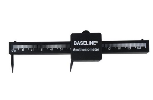 The Baseline 12-1480 Two Point Aesthesiometer is useful in determining the two-point threshold of touch. This Aesthesiometer comes with easy to read slide scales that are calibrated to the nearest 0.1 cm and special vinyl tips minimize the influence of temperature on sensation.