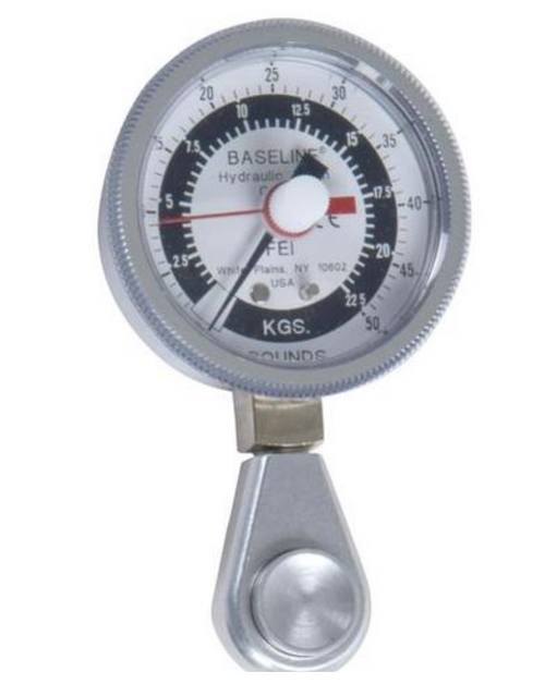 The 50 pound standard head hydraulic pinch gauge has a 2 1/2 inch diameter head and offers accurate and repeatable pinch strength measurements.

The hydraulic system assures convenience, product reliability, measurement accuracy and repeatability. For all pinch test (tip, key, and palmar). Registers up to 50 lbs. (22.7 kg).