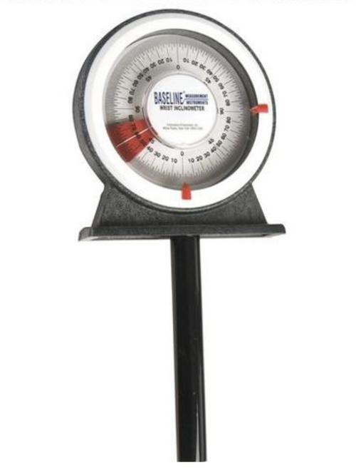 The Baseline Wrist Inclinometer meets standards codified in the AMA Guide to the Evaluation of Permanent Impairment, third edition.  Simple to use, have patient grasp inclinometer handle; turn dial until scale reads 0; set first tab; take joint through its range; set second tab; read range traveled directly from dial.
