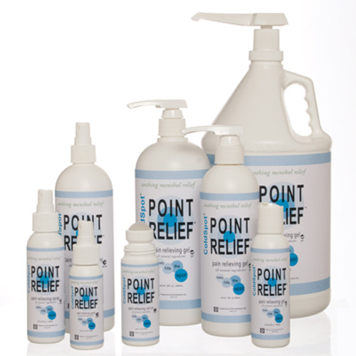 Point Relief ColdSpot

• Offers soothing relief

• All natural ingredients including menthol and MSM

• Available in gel, spray, and roll-on applicators

• Temporary relief of minor aches and muscular and joint pains associated with simple backache, arthritis, bruises, strains, and sprains

• Water-based formula minimizes grease and residue