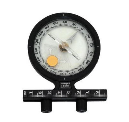 Baseline AcuAngle inclinometer’s pointer is damped by fluid to assure accurate range-of-motion measurements. Place inclinometer near joint to be measured; turn dial to zero; take joint through its range; read range of motion from dial. Adjustable legs (side-to-side) adapt to body contours.