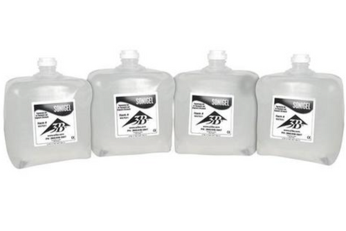 Clear ultrasound gel couplant for therapeutic and diagnostic ultrasound and neuromuscular electrical stimulation. Includes 4, 5 liter containers of ultrasound gel. Alcohol and salt free as well as non corrosive.