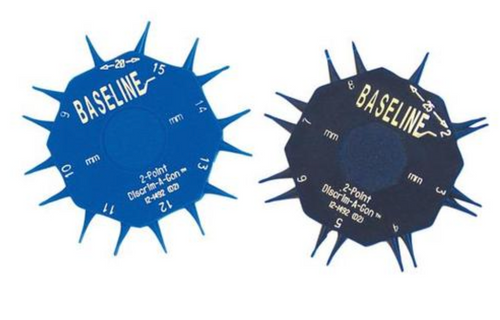 For testing static and dynamic one and two-point discrimination. Set includes two disks that quantify innervation density from 1 to 25 mm. Useful as a postoperative therapeutic aid for desensitization and home programs following nerve repair. Each octagon measures a different range of 8 labeled fixed 2 point intervals ranging from 1 to 25 mm fir accurate and consistent measurements. Easy to use lightweight plastic wheel is the perfect sensory evaluation tool to test static and dynamic 1 and 2 point discrimination.