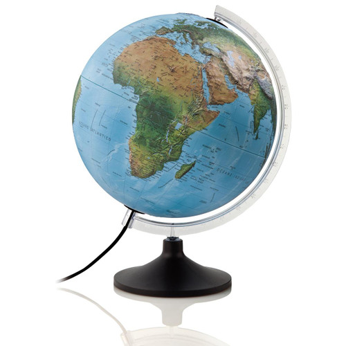 Tabletop globe with lighting on a metal-reinforced plastic stand with double-image map and tactile 3D relief of mountain ranges. When the globe is not lit up, it shows a physical map of the earth. When it is lit up, the current political position is shown with a contrasting delimitation of the countries and their borders. Labels in English.