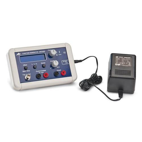 Function generator with external sweep function and power amplifier for use in versatile student and practical experiments covering simple harmonic oscillation, AC electricity and induction. Featuring illuminated, digital display for frequency, signal form, offset and other parameters. The output is short-circuit protected as well as being protected against induced voltages and spark discharges, e.g. for when experiment leads are unintentionally pulled out while coils are connected. In internal sweep mode, one trigger pulse is output per cycle and the voltage output is proportional to the frequency. With retractable feet. Includes power supply.