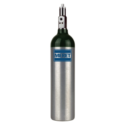 MERET® oxygen cylinders are manufactured in the USA to meet or exceed DOT 3AL and TC 3ALM requirements. Cylinders are constructed from lightweight, high-strength aluminum 60610T6 alloy, have a clear powder coat protective finish, and green neck to indicate oxygen. Cylinders have a 0.750-16 UNF-2B thread size and are shipped standard with a CGA870 post valve or optional CGA870 toggle valve for easy operation. M6 cylinders are designed with a 5 year hydrostatic test capacity and a filling pressure of 2216 PSI. The M6 cylinder has an O2 capacity of 5.7 cu ft (161 L), and measures 11.8” x 3.19” without the valve. All cylinders are shipped empty and do not include the MERET logo.  Please contact MERET® for 6-pack or larger pallet quantities.