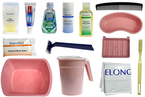Wash basin, mauve, 7.4 qt. (7L)
Emesis basin, mauve, (500 mL)
Pitcher
Soap (0.75 oz. bar)
Soap dish, mauve
Toothpaste (0.85 oz.)
Toothbrush
Mouthwash (2 oz.)
Deodorant (1.6 oz.)
Razor
Shaving cream (1.5 oz.)
Ships ORM-D