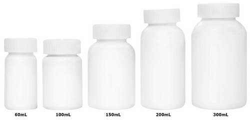 Various sized bottles to teach storage and administration of oral medication.  Child-resistant cap, Pocket Nurse® RX White Round Plastic Bottle with Child Resistant Cap, Multiple Volume Options (For Training Purposes Only)