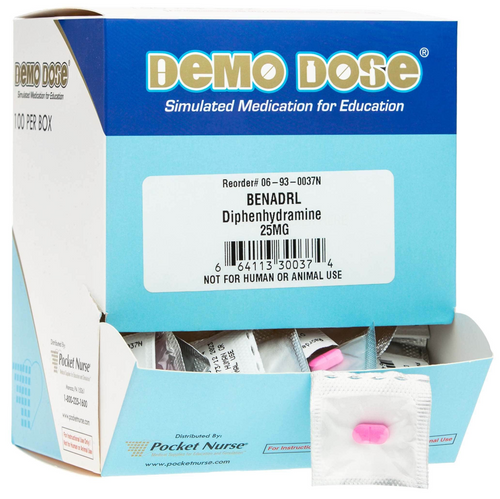 Demo Dose® DiphenhydrAMIN (Bendryl) 25 mg (For Training Purposes Only),Therapeutic Classification: Antihistamine Type: Scored Tablets Dosage: 25 mg