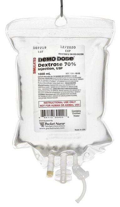 Teach all aspects of IV fluid administration in the simulation lab with the Demo Dose® collection of Simulated IV Fluids.

Item: 70% Dextros
Volume: 1,000 mL
Solutions contain water
Available in the most popular IV fluid types
Sold individually